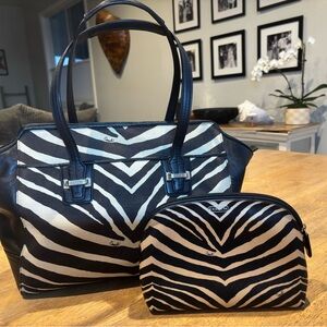 Coach Set Taylor Black and Cream Zebra Print Leather and Canvas Tote and Pouch